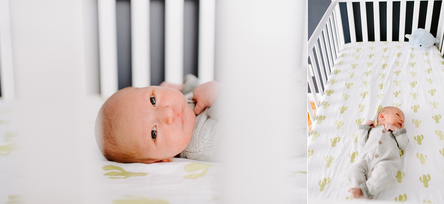 Lifestyle Newborn Session with new baby boy in his crib photographed by Olympia Newborn Photographer, Meg Newton Photography 
