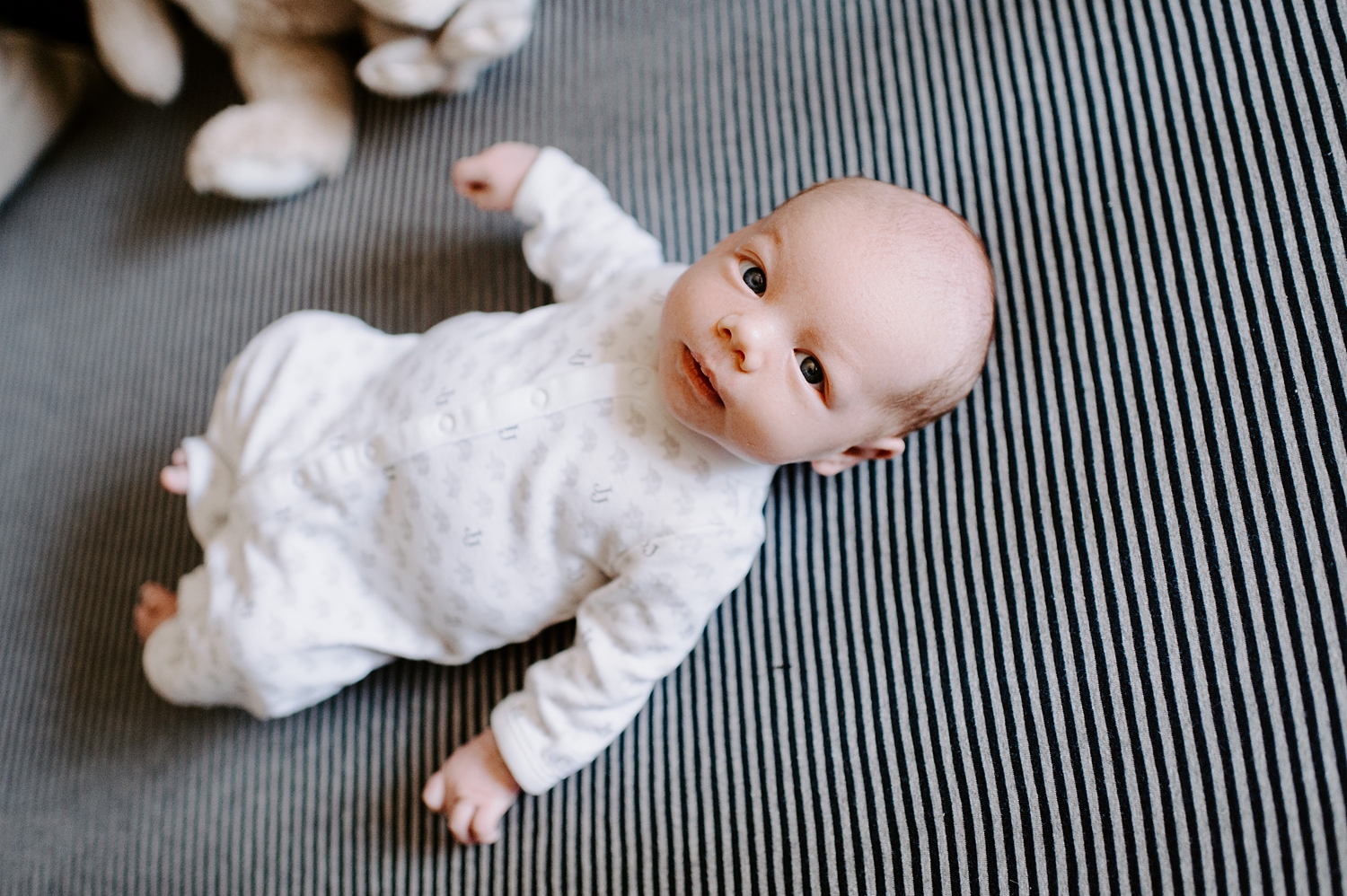 alert baby boy during newborn lifestyle session with Meg Newton Photography 