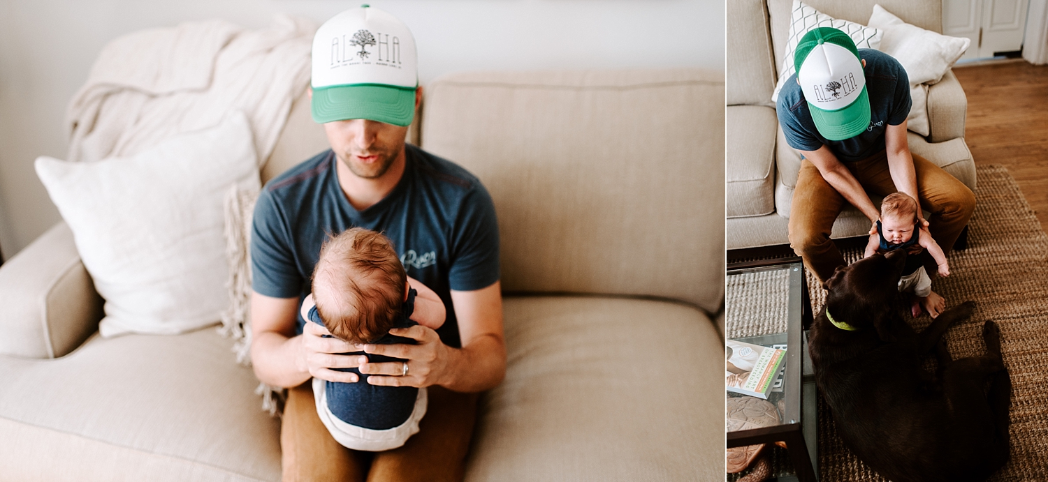Dad with baby during Lifestyle Newborn Session with Seattle Newborn Photographer, Meg Newton Photography
