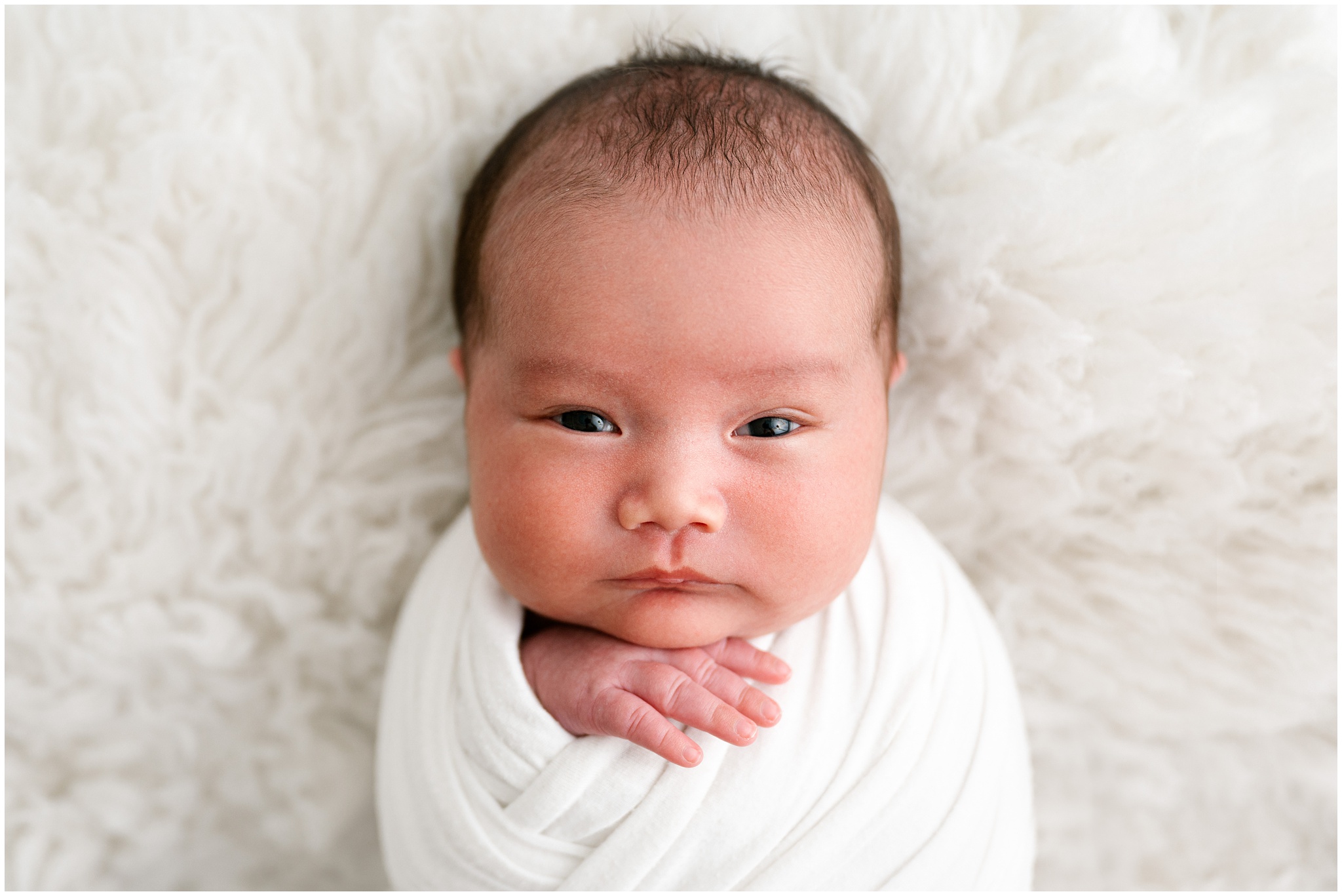 Up close portrait of newborn baby boy. Photo by Meg Newton Photography.
