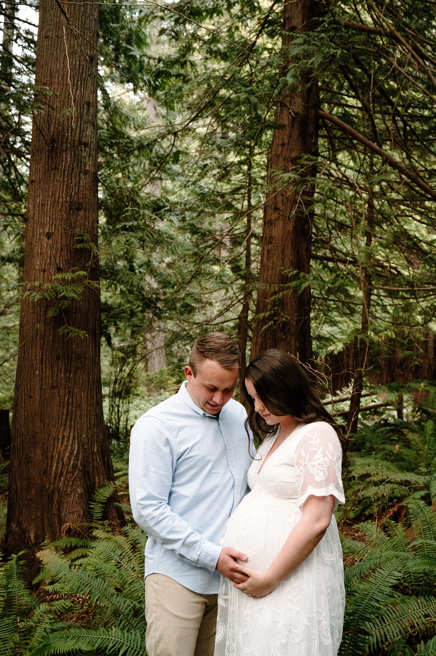 Expectant parents embrace among the redwoods in Seabeck, WA. Photo by Meg Newton Photography.