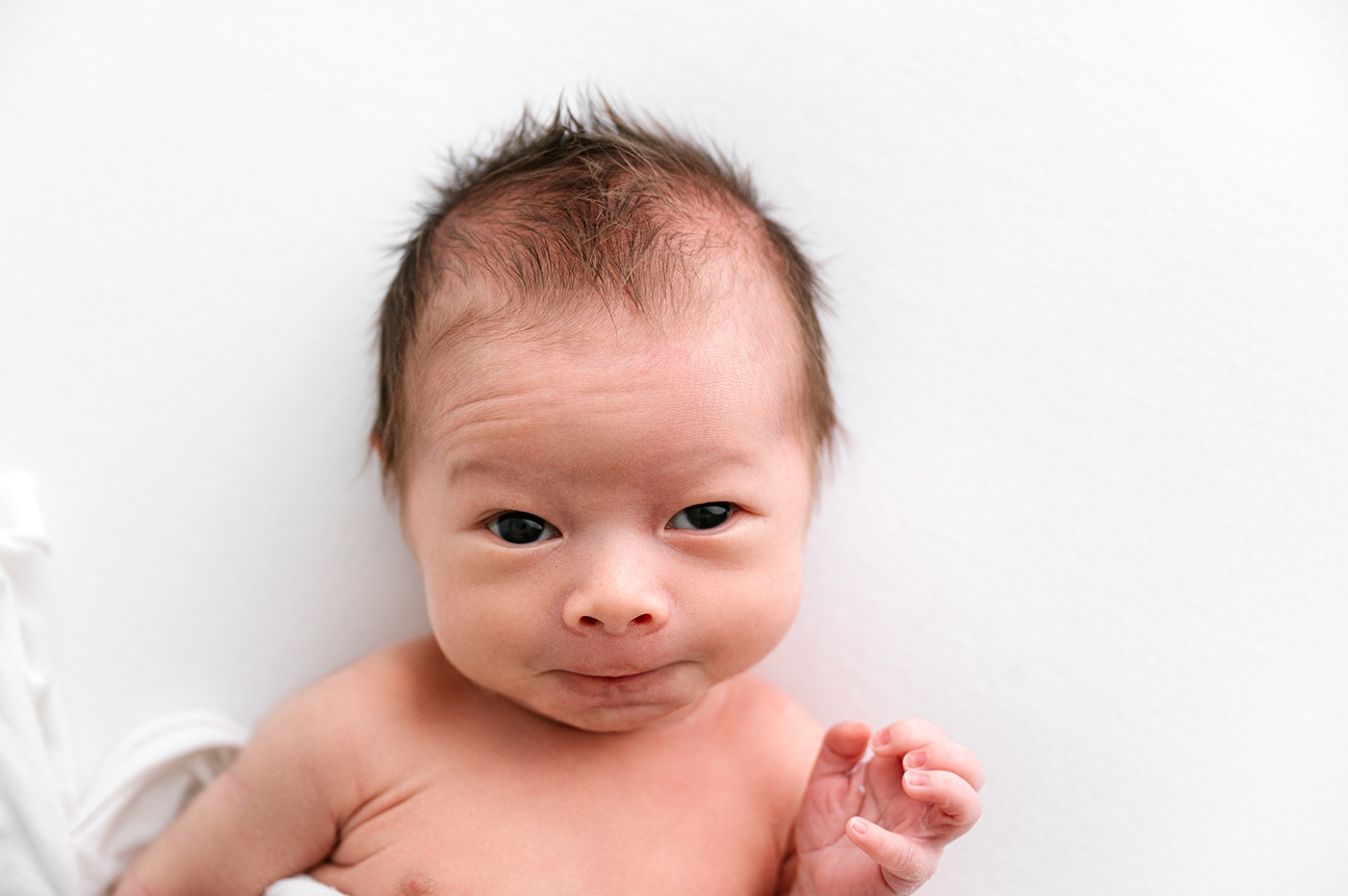 Newborn baby boy smirks for camera. Photo by Meg Newton Photography.