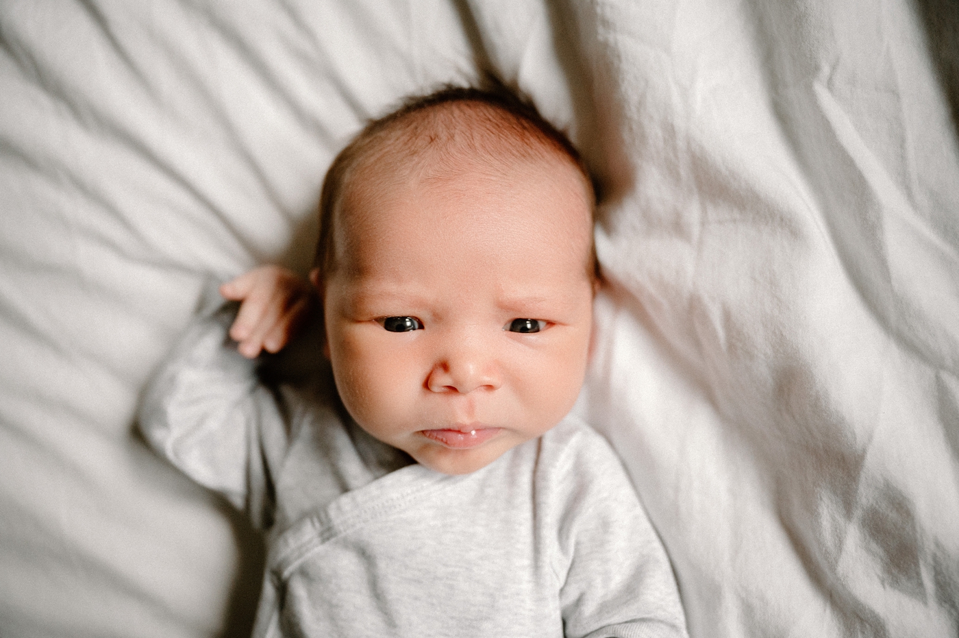 Baby boy looks directly at the camera lens. Photo by Meg Newton Photography.