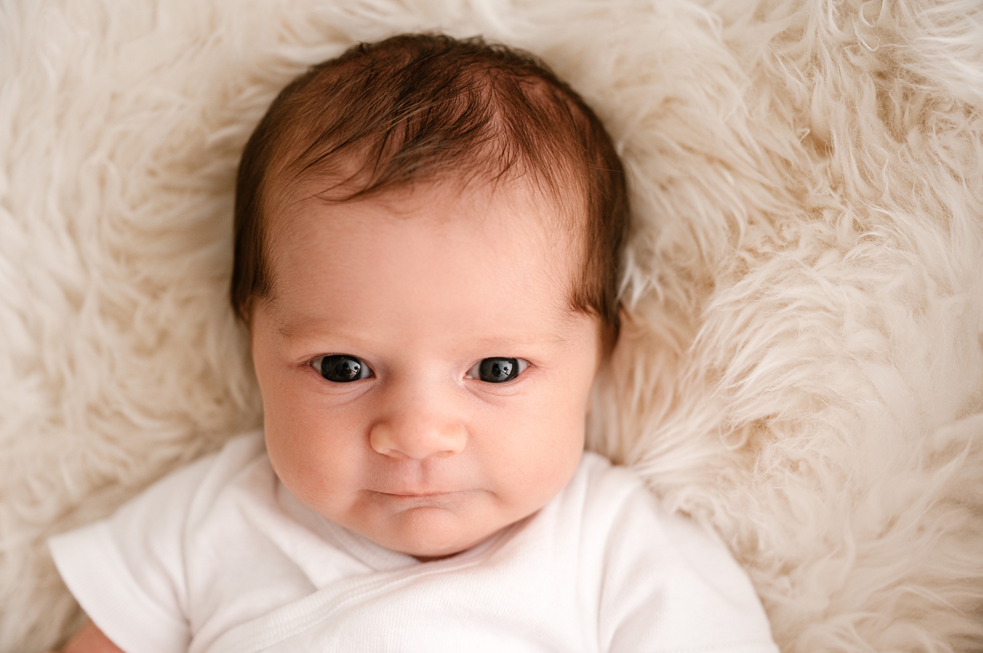 Baby girl looks wide eyed while having portrait taken. Image by Meg Newton Photography.