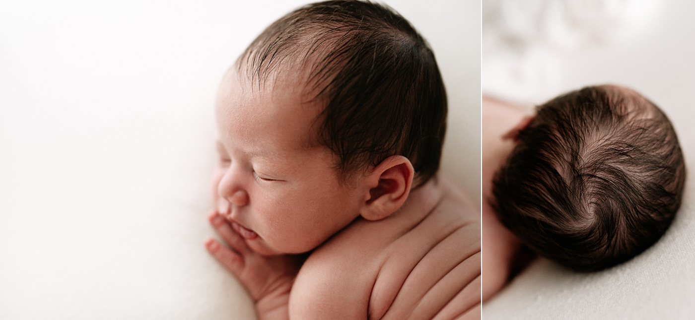So much hair on new baby boy! Photo by Meg Newton Photography.