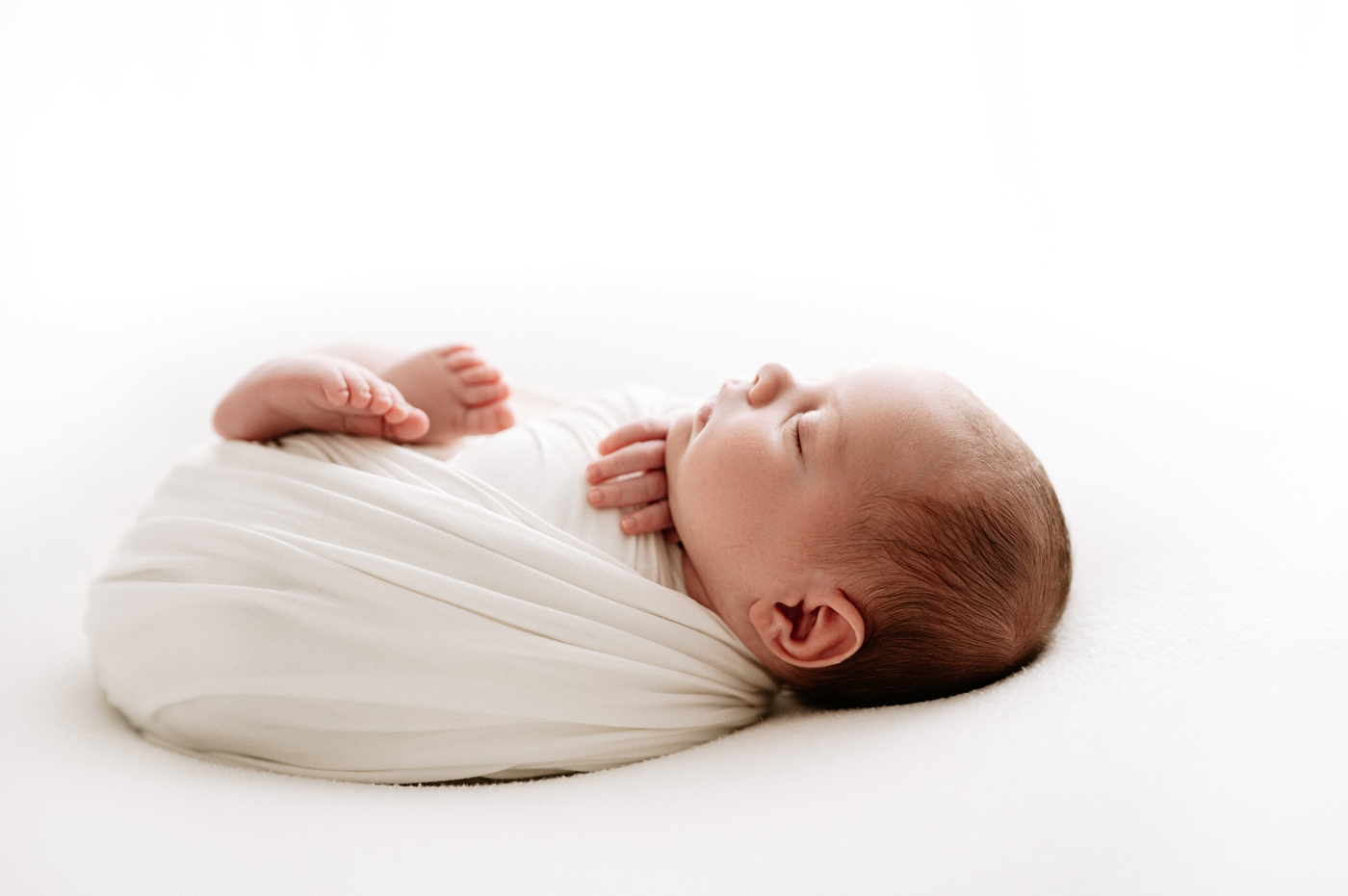 Swaddled baby in posed newborn studio session. Photo by Meg Newton Photography.